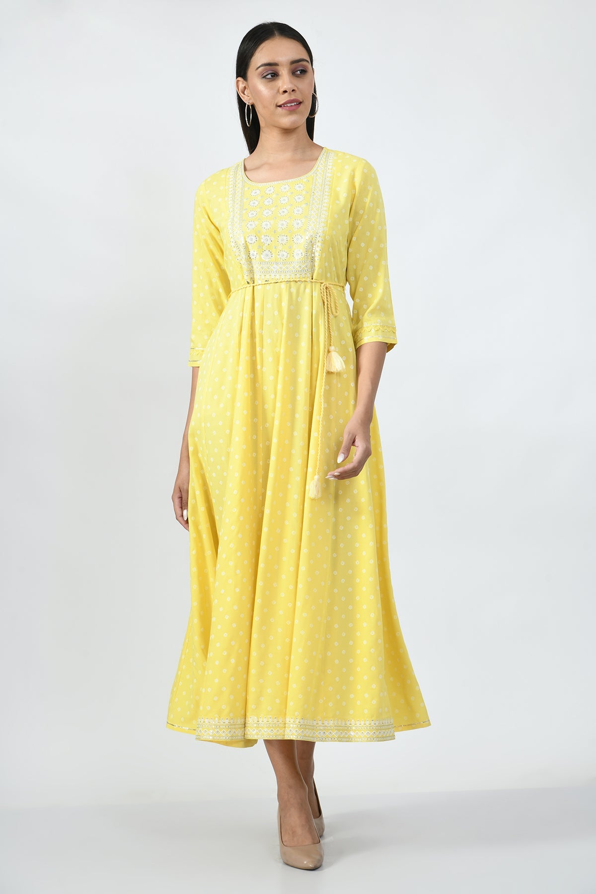 Yellow Yoke Embroidered Midi Dress
