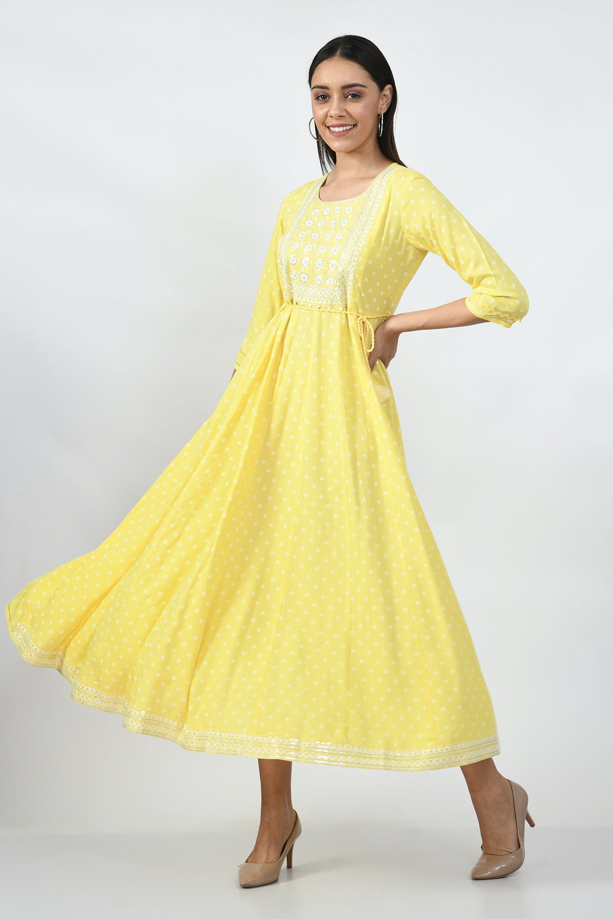Yellow Yoke Embroidered Midi Dress