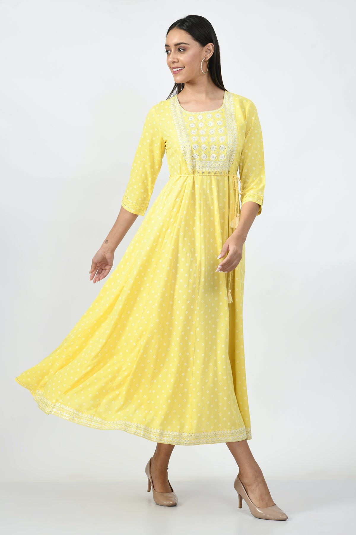 Yellow Yoke Embroidered Midi Dress