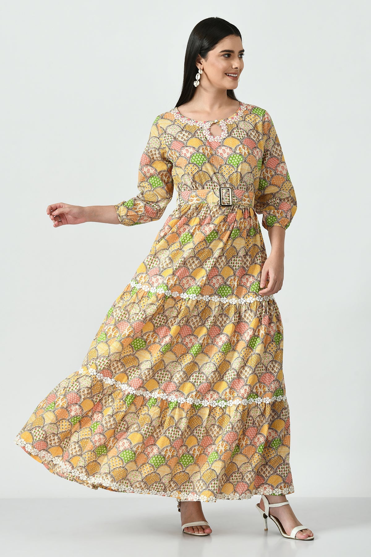 Multi Printed Midi Trapeze Dress
