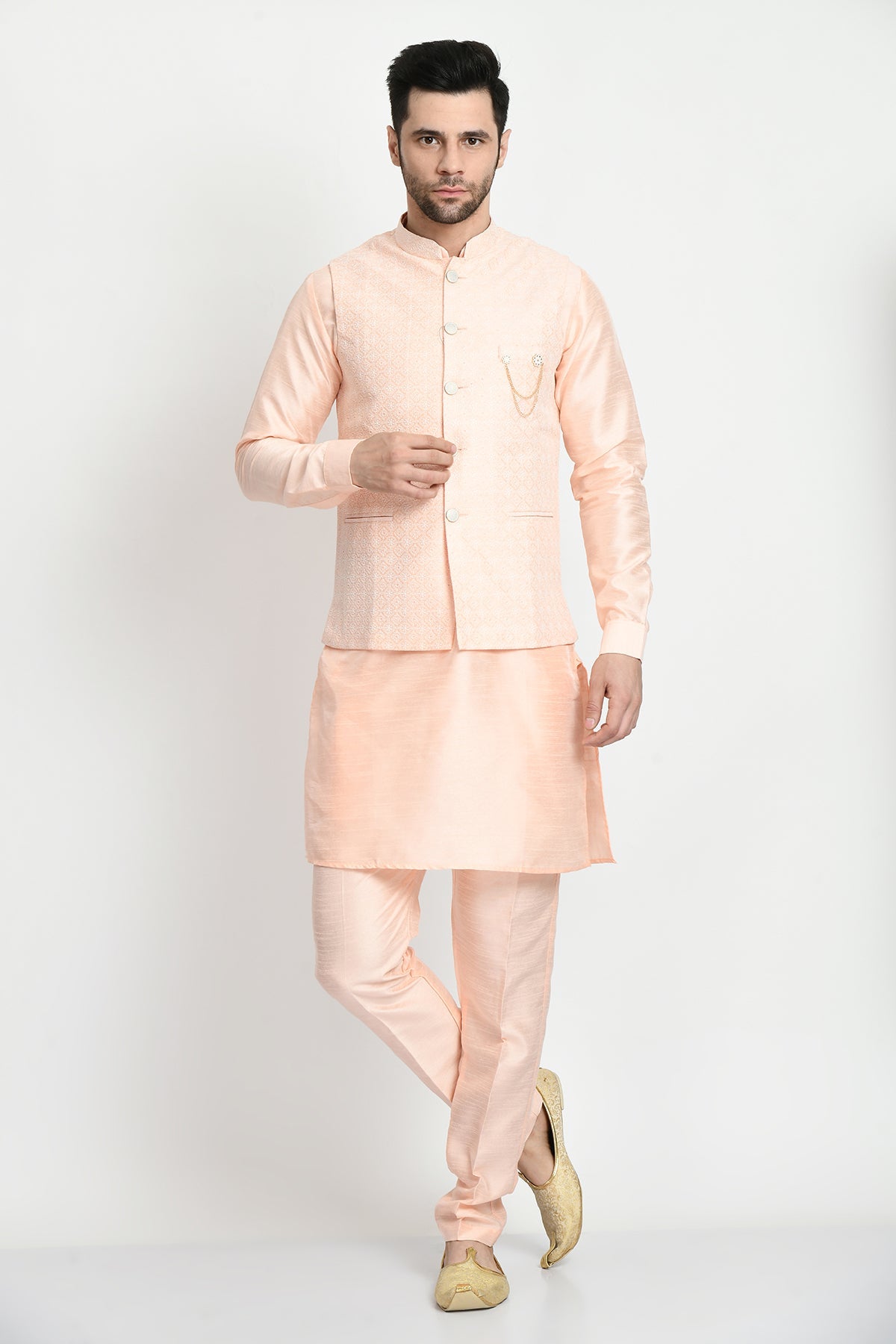 Peach-Coloured Kurta with Pajama and Embroidered Nehru Jacket