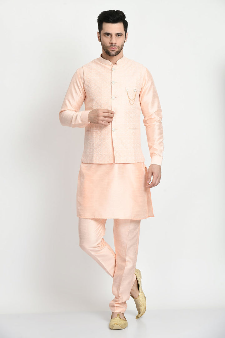 Peach-Coloured Kurta with Pajama and Embroidered Nehru Jacket