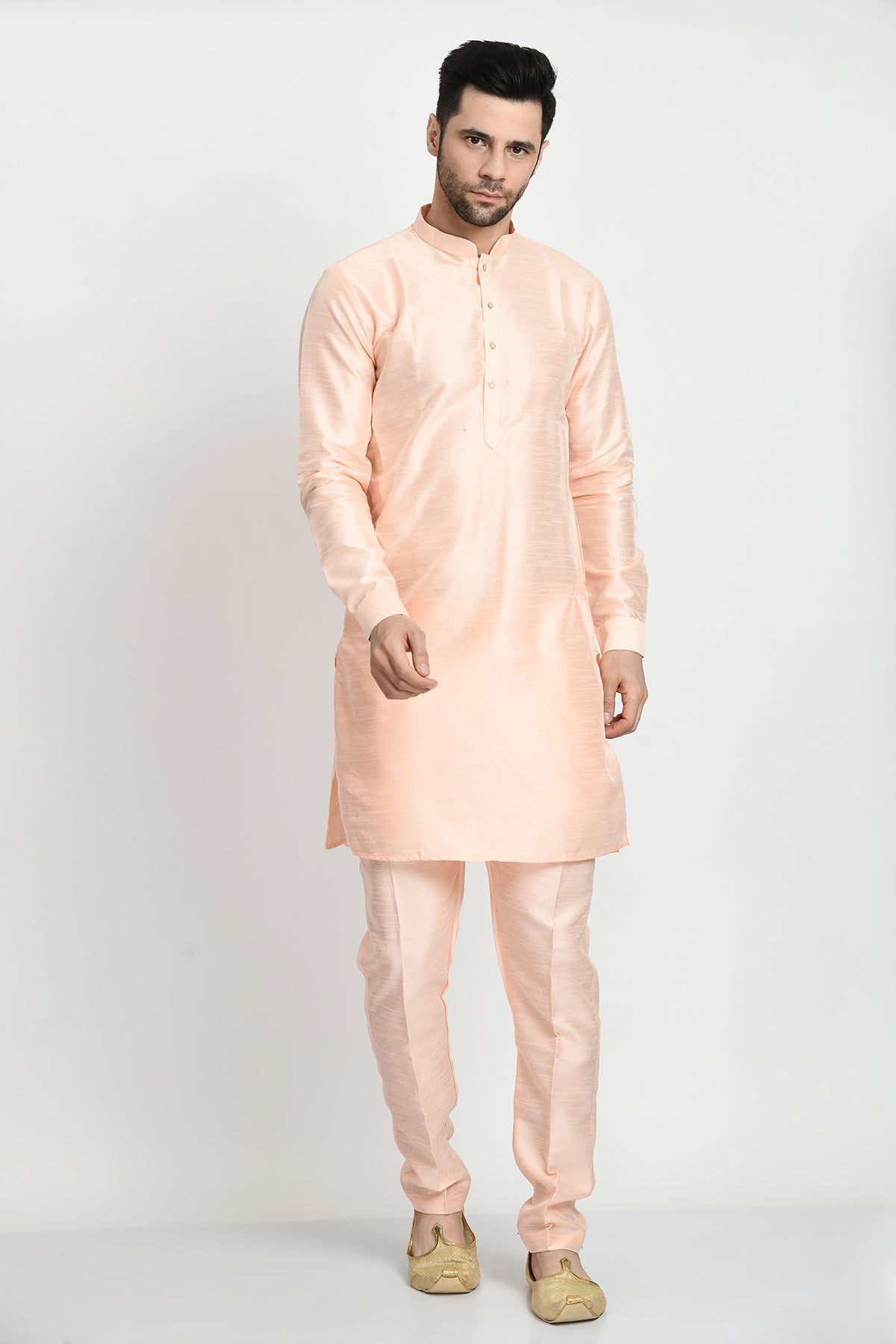 Peach-Coloured Kurta with Pajama and Embroidered Nehru Jacket