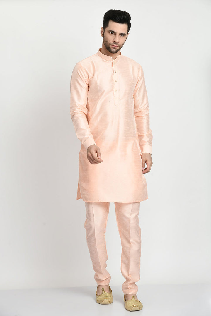 Peach-Coloured Kurta with Pajama and Embroidered Nehru Jacket