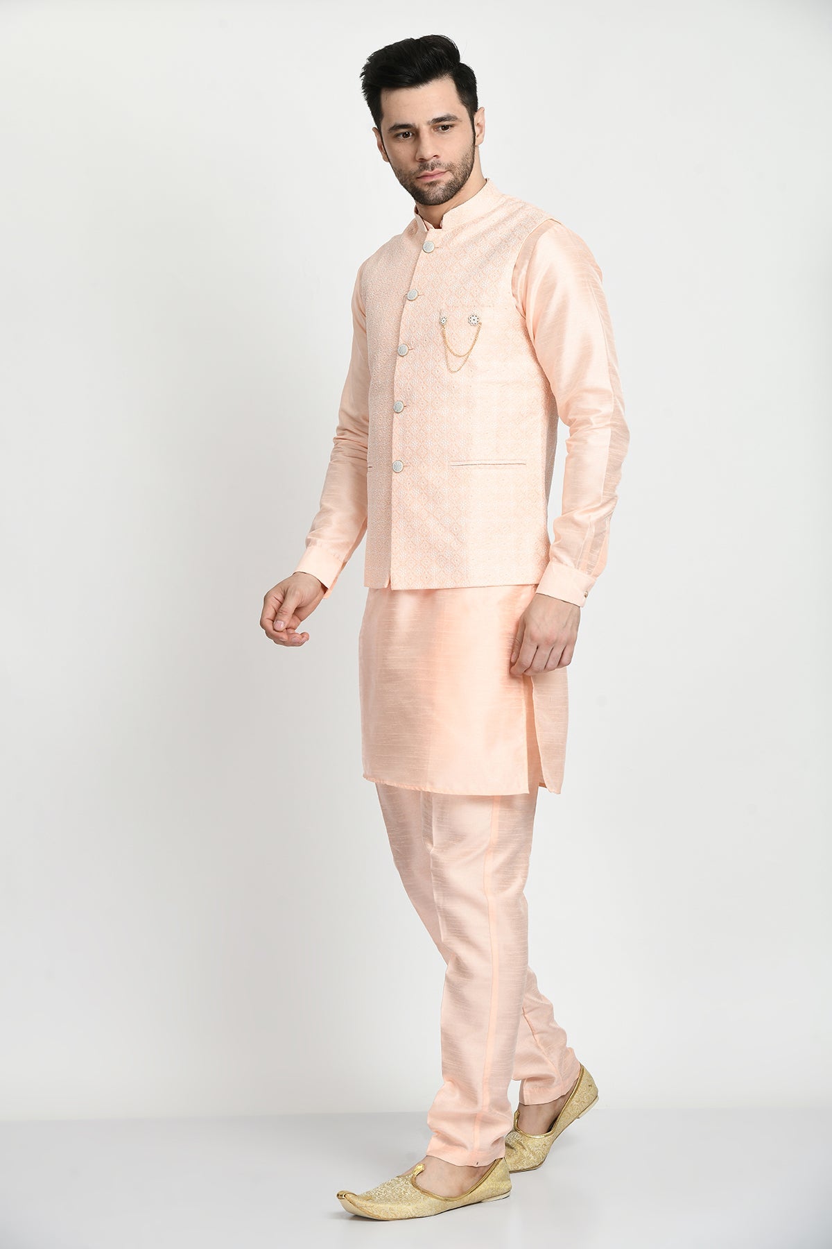 Peach-Coloured Kurta with Pajama and Embroidered Nehru Jacket