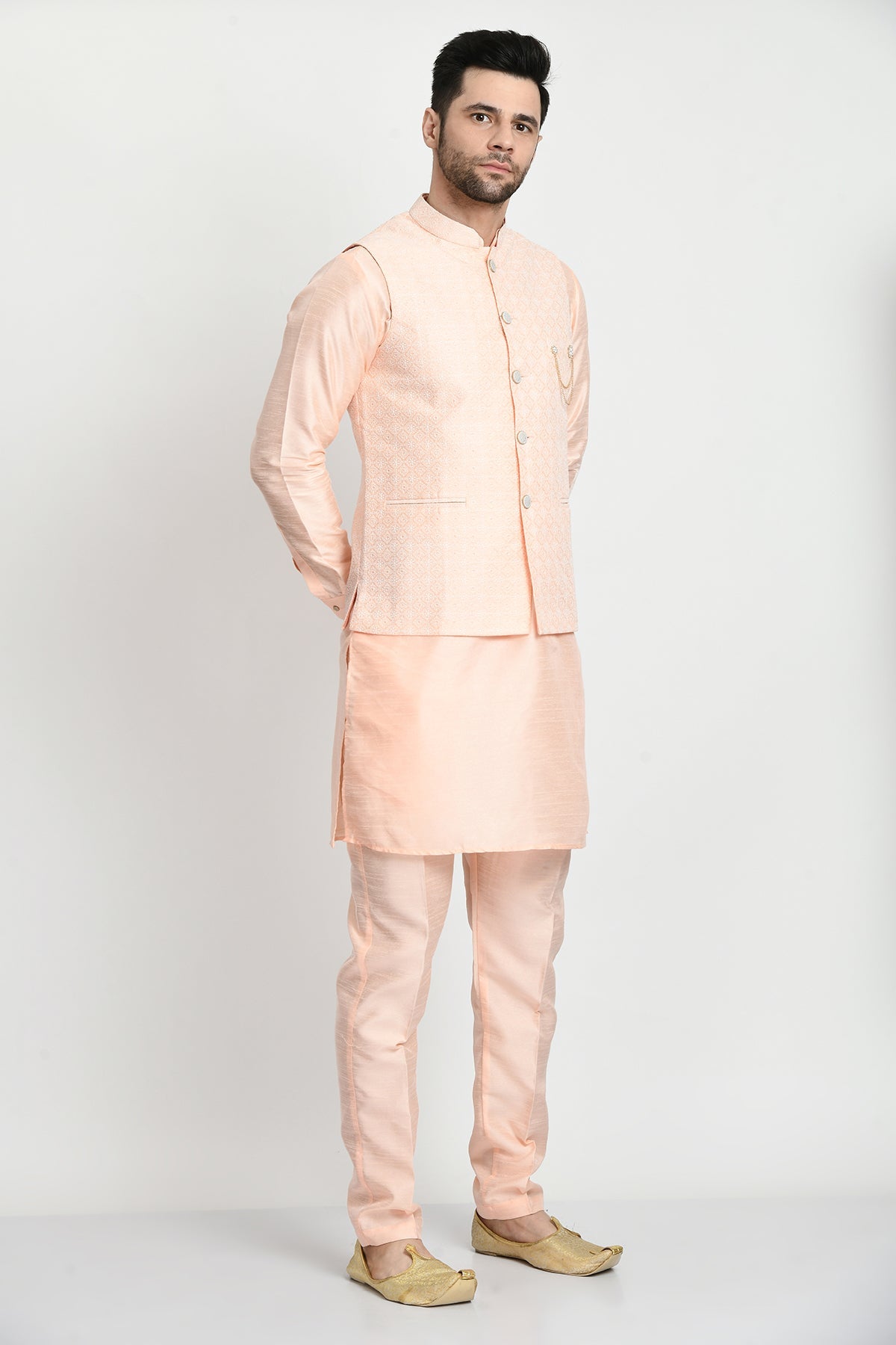 Peach-Coloured Kurta with Pajama and Embroidered Nehru Jacket