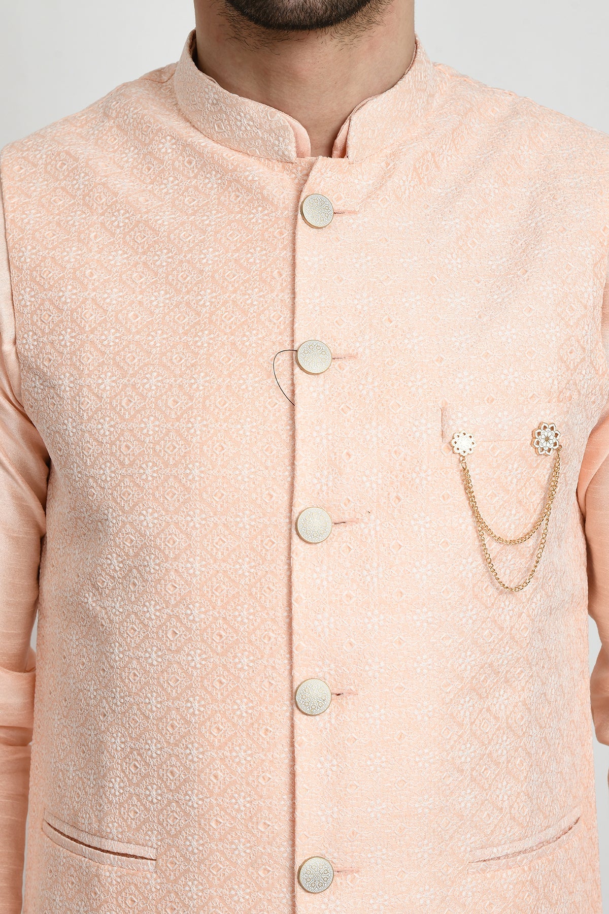 Peach-Coloured Kurta with Pajama and Embroidered Nehru Jacket