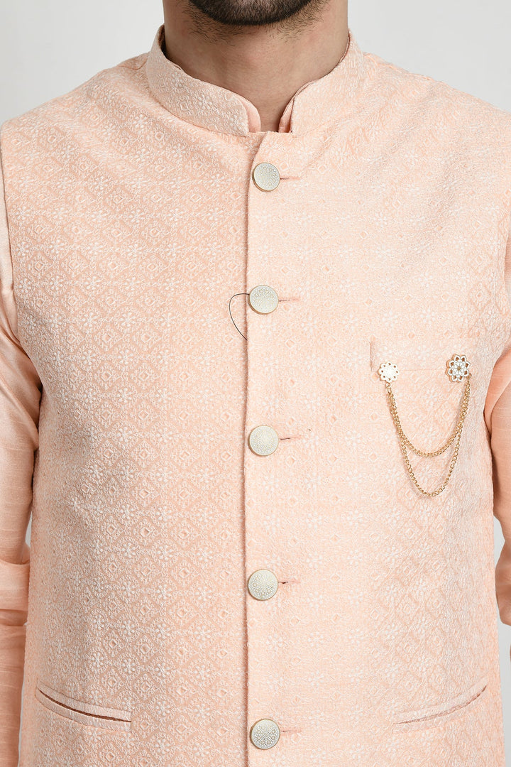 Peach-Coloured Kurta with Pajama and Embroidered Nehru Jacket