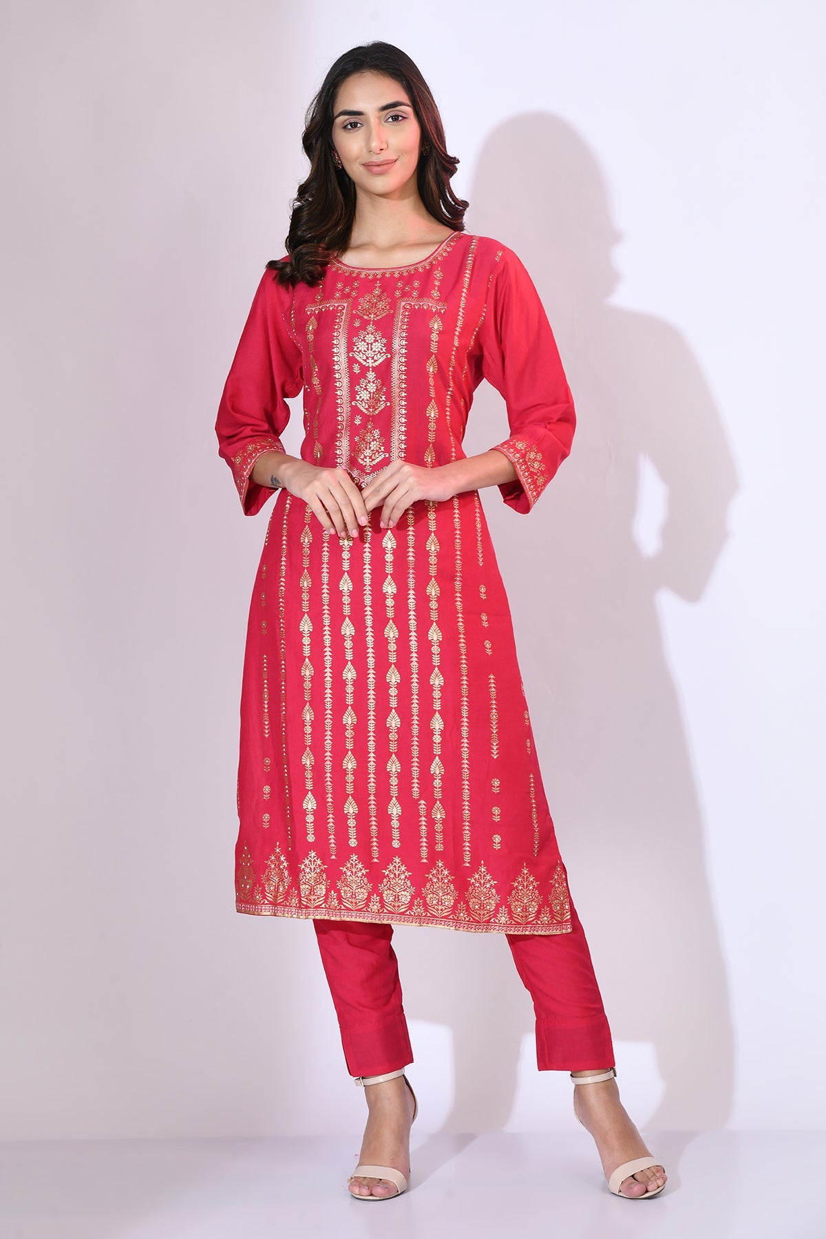 Magenta and Golden Print Kurta Set