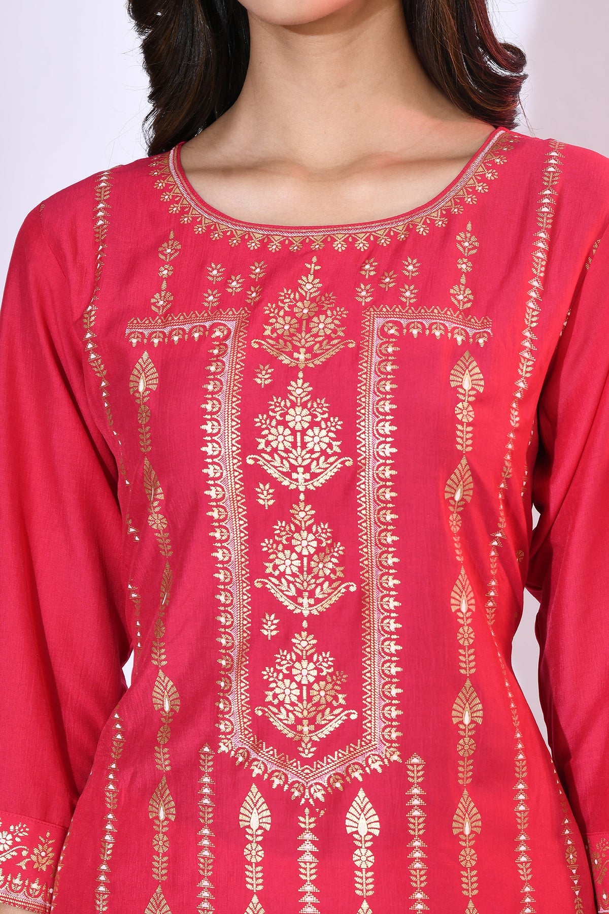 Magenta and Golden Print Kurta Set