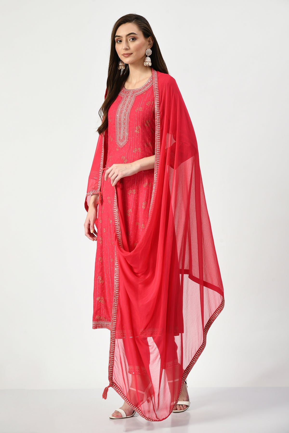 Magenta Embellished Kurta 3 Pcs Set