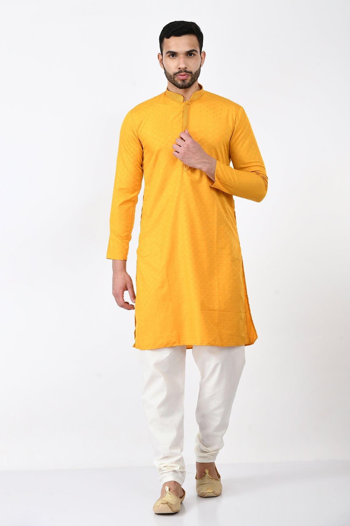 Mustard Ethnic Motifs Woven and Embroidered Design Kurta Set