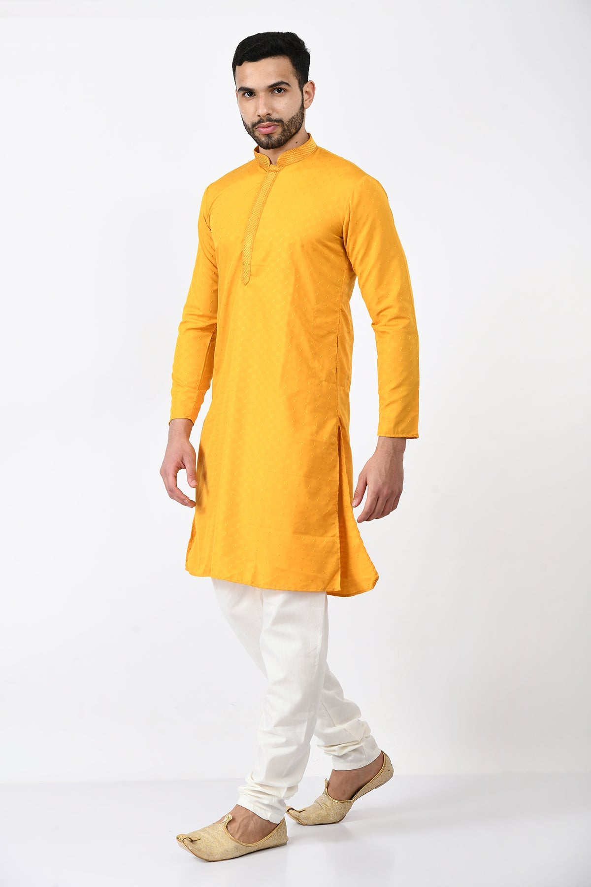 Mustard Ethnic Motifs Woven and Embroidered Design Kurta Set