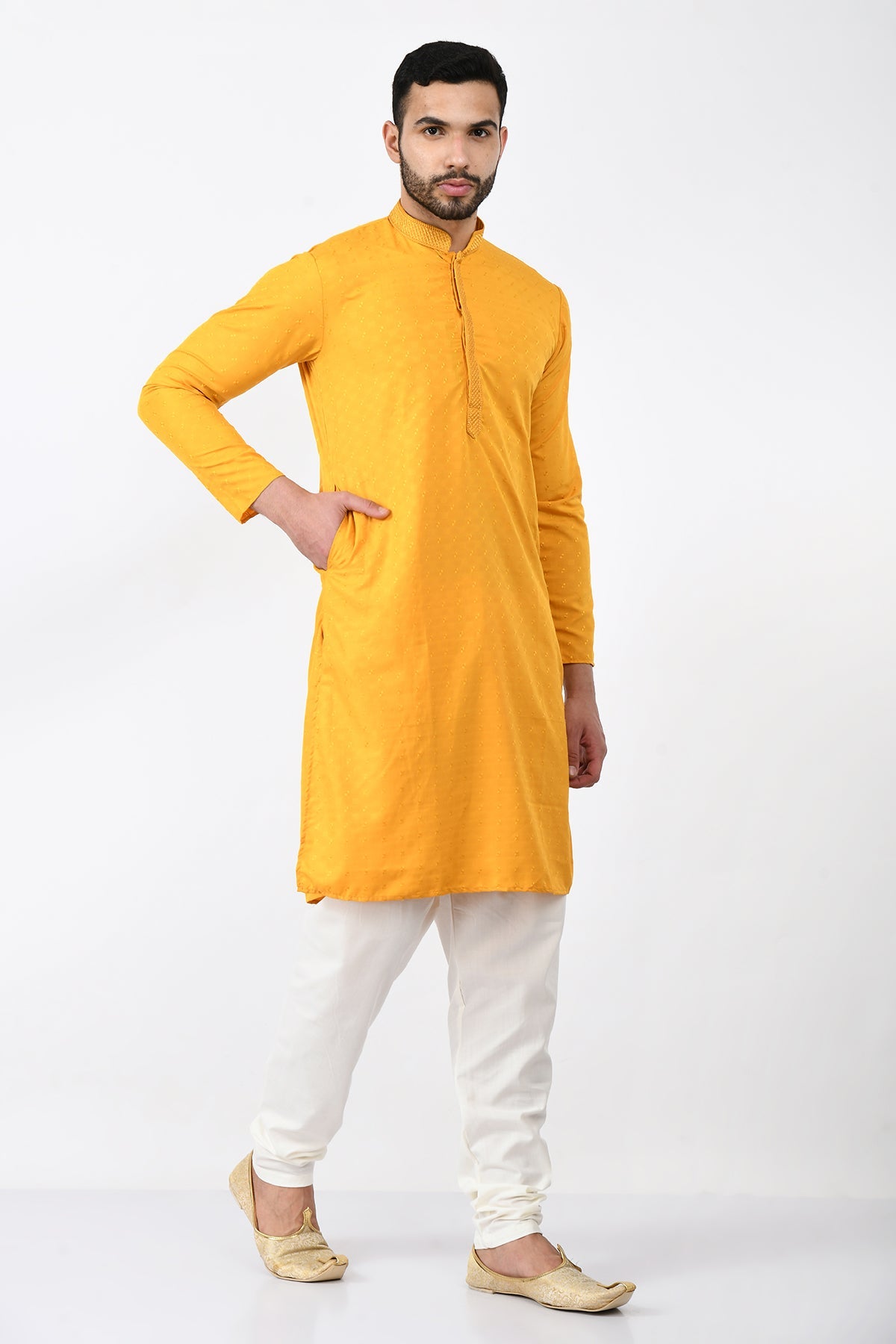 Mustard Ethnic Motifs Woven and Embroidered Design Kurta Set