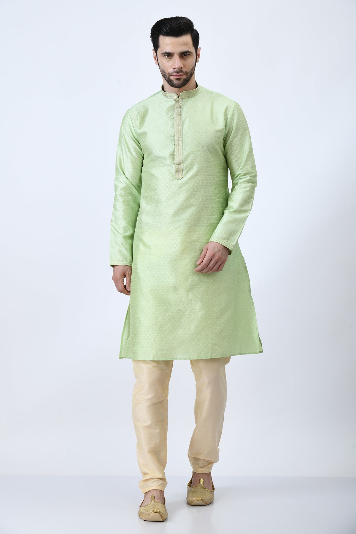 Green and Gold-Toned Ethnic Motifs Woven Design Kurta Set