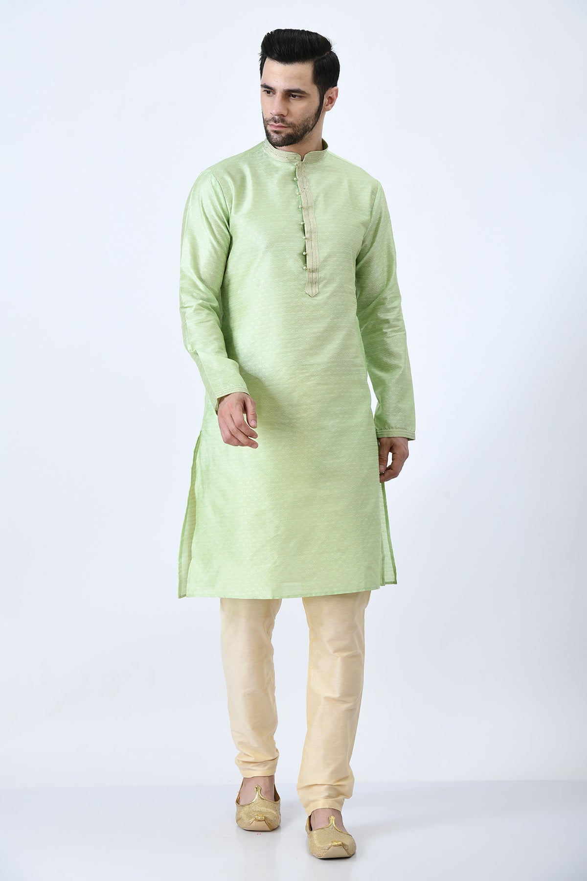 Green and Gold-Toned Ethnic Motifs Woven Design Kurta Set