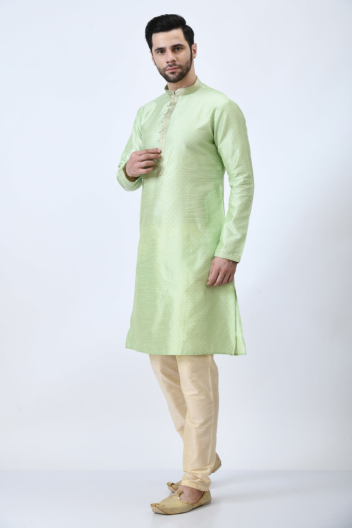 Green and Gold-Toned Ethnic Motifs Woven Design Kurta Set