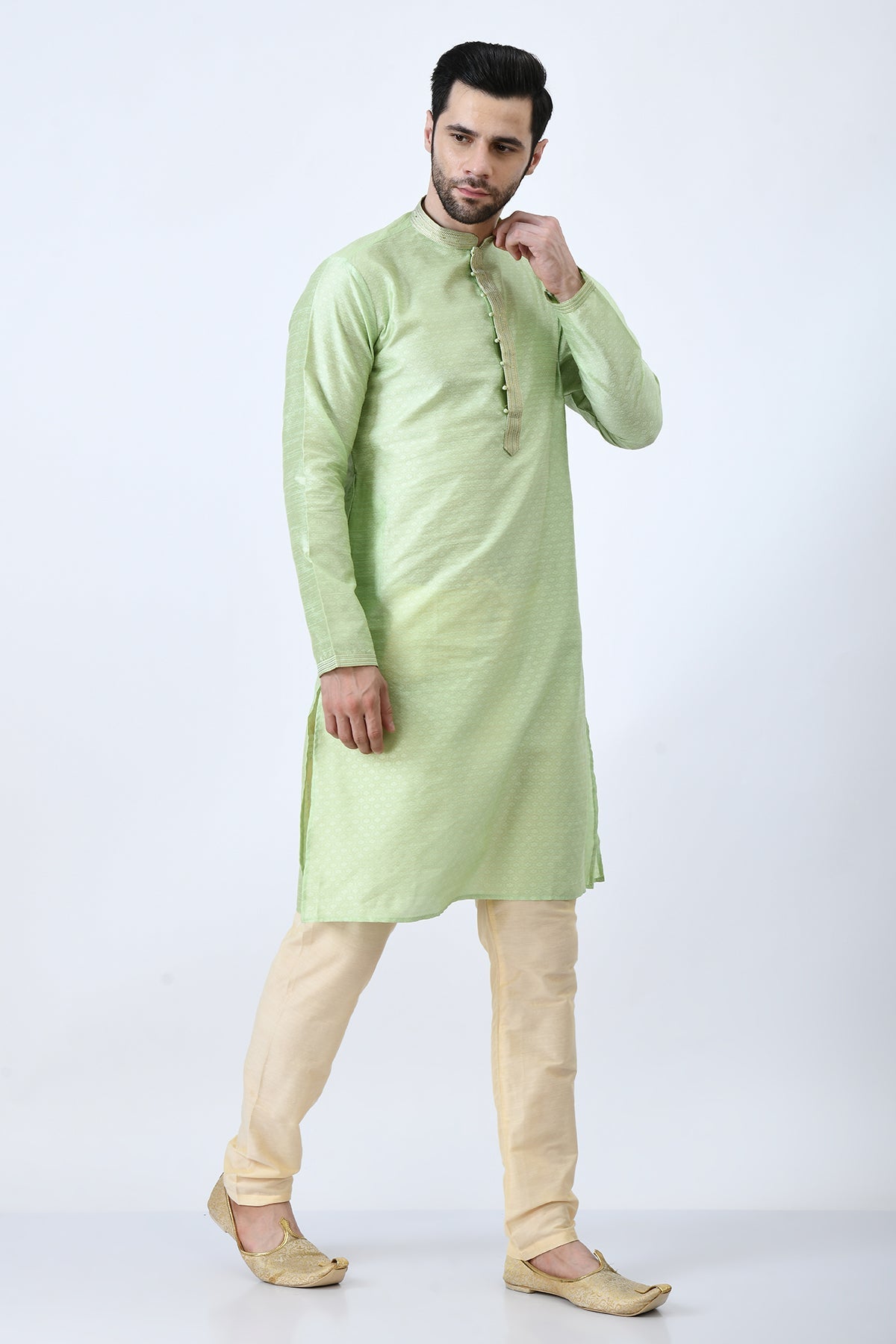 Green and Gold-Toned Ethnic Motifs Woven Design Kurta Set