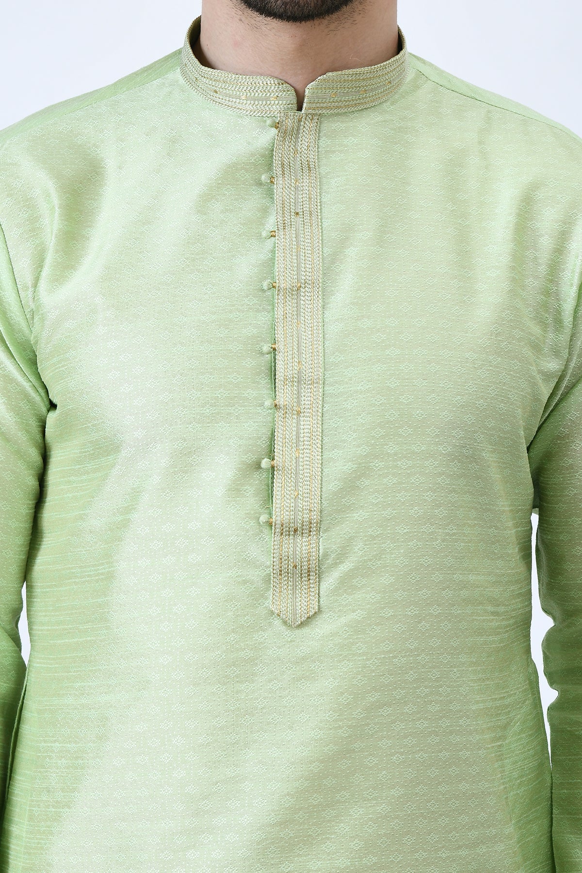 Green and Gold-Toned Ethnic Motifs Woven Design Kurta Set