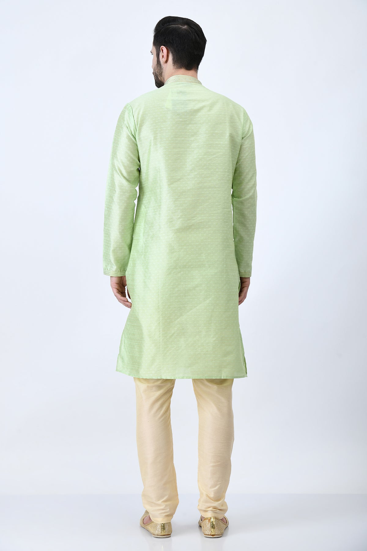 Green and Gold-Toned Ethnic Motifs Woven Design Kurta Set
