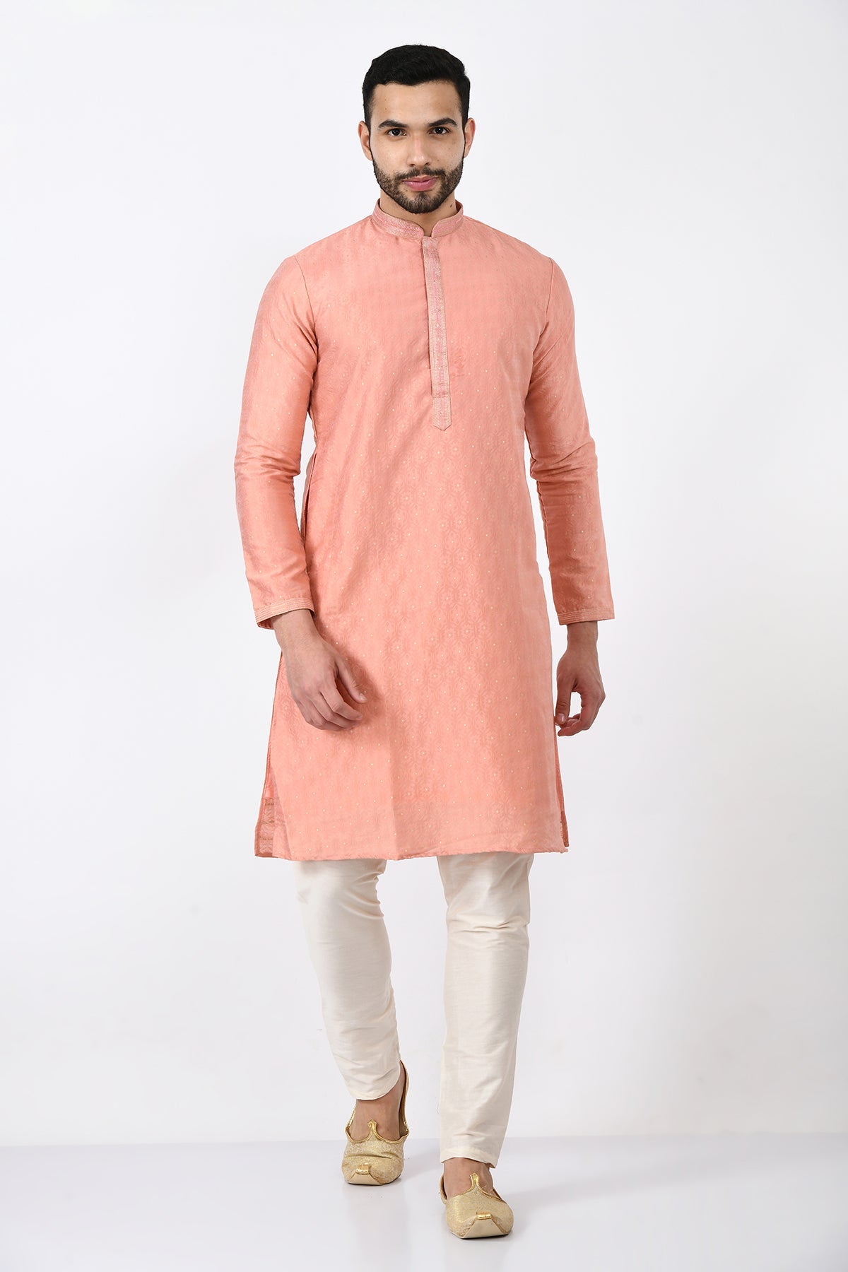 Peach Ethnic Motifs Woven and Embroidered Design Kurta Set