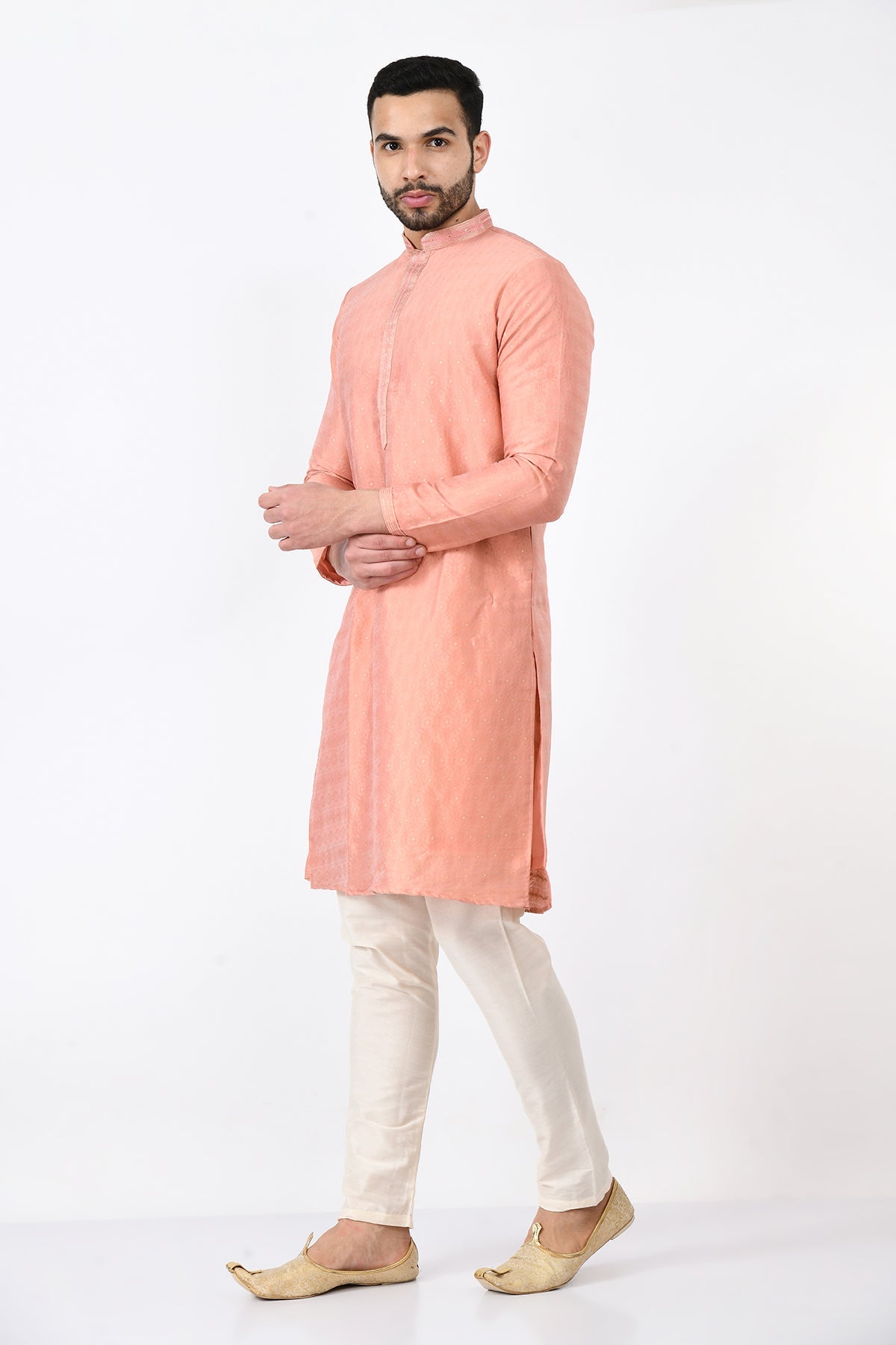 Peach Ethnic Motifs Woven and Embroidered Design Kurta Set