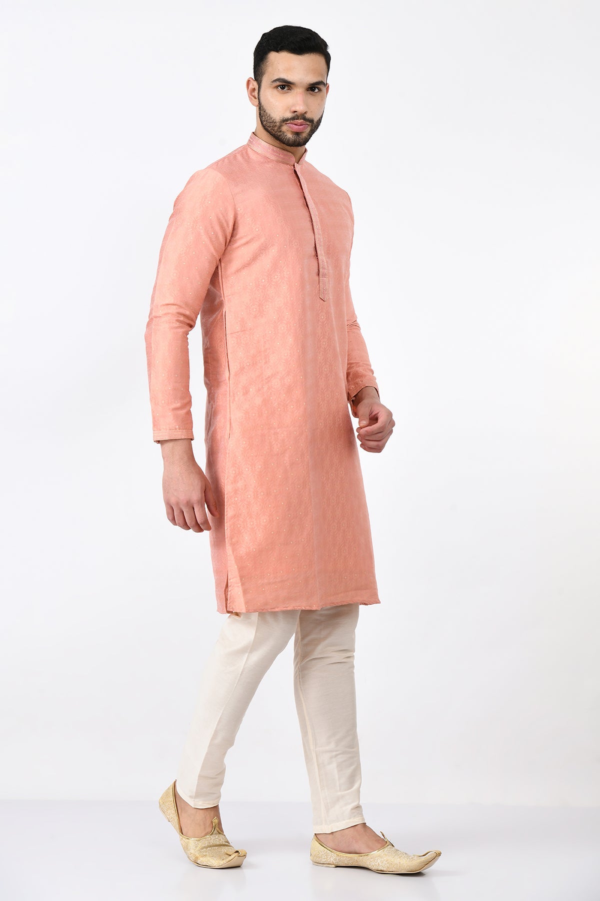 Peach Ethnic Motifs Woven and Embroidered Design Kurta Set