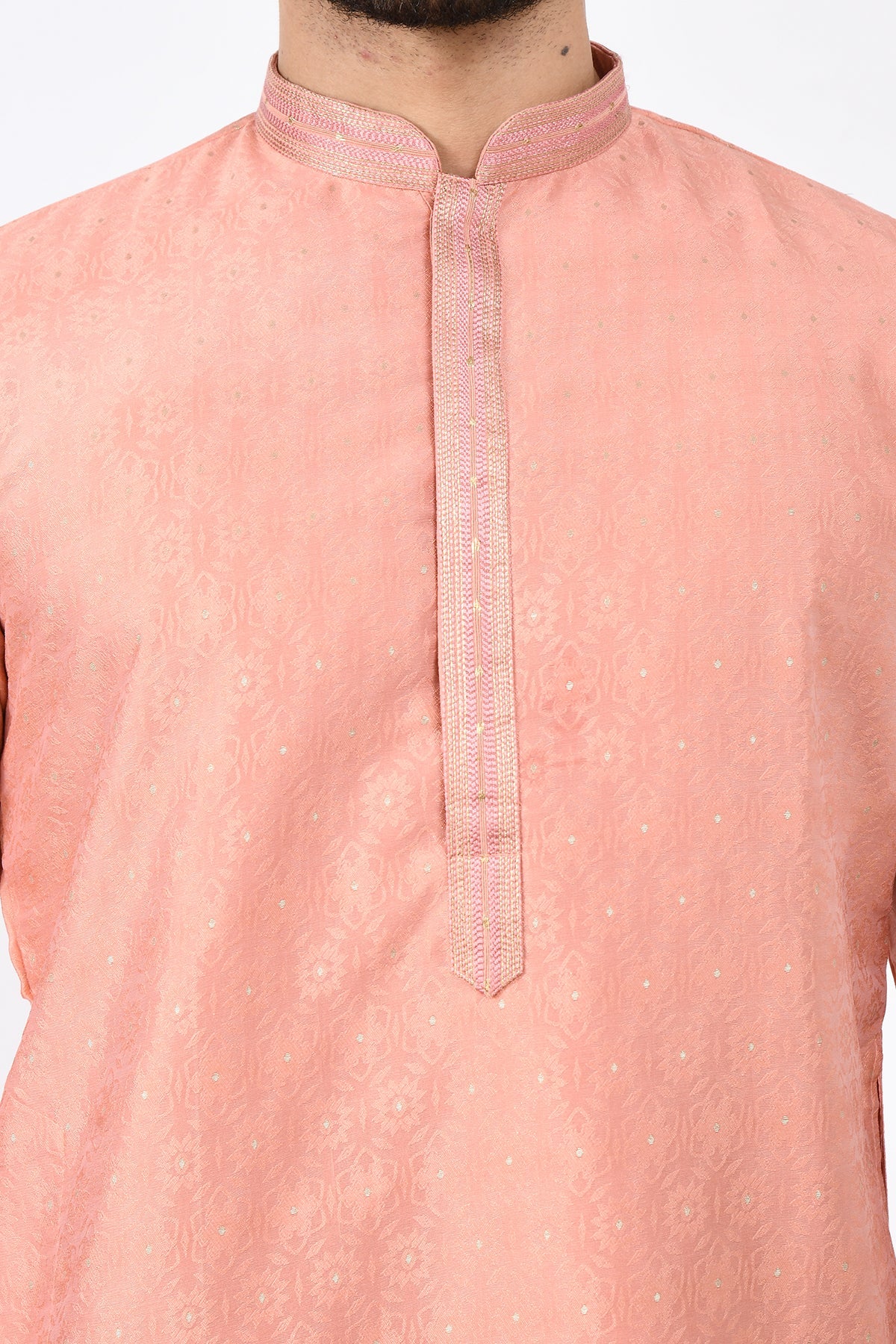 Peach Ethnic Motifs Woven and Embroidered Design Kurta Set
