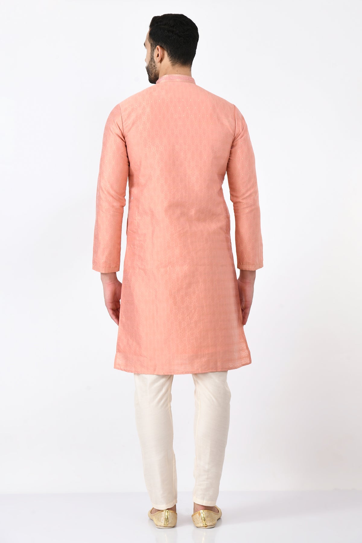 Peach Ethnic Motifs Woven and Embroidered Design Kurta Set