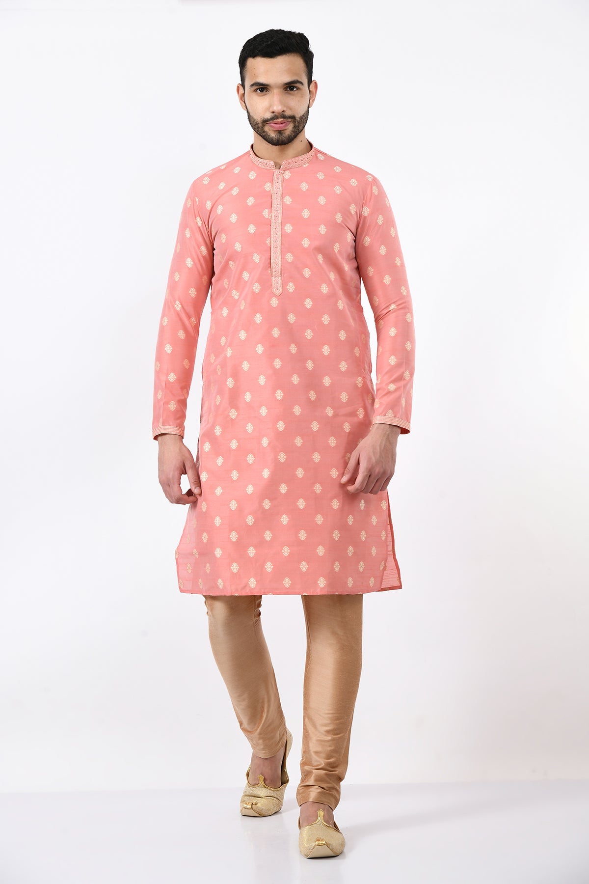 Peach Self Design Kurta Set