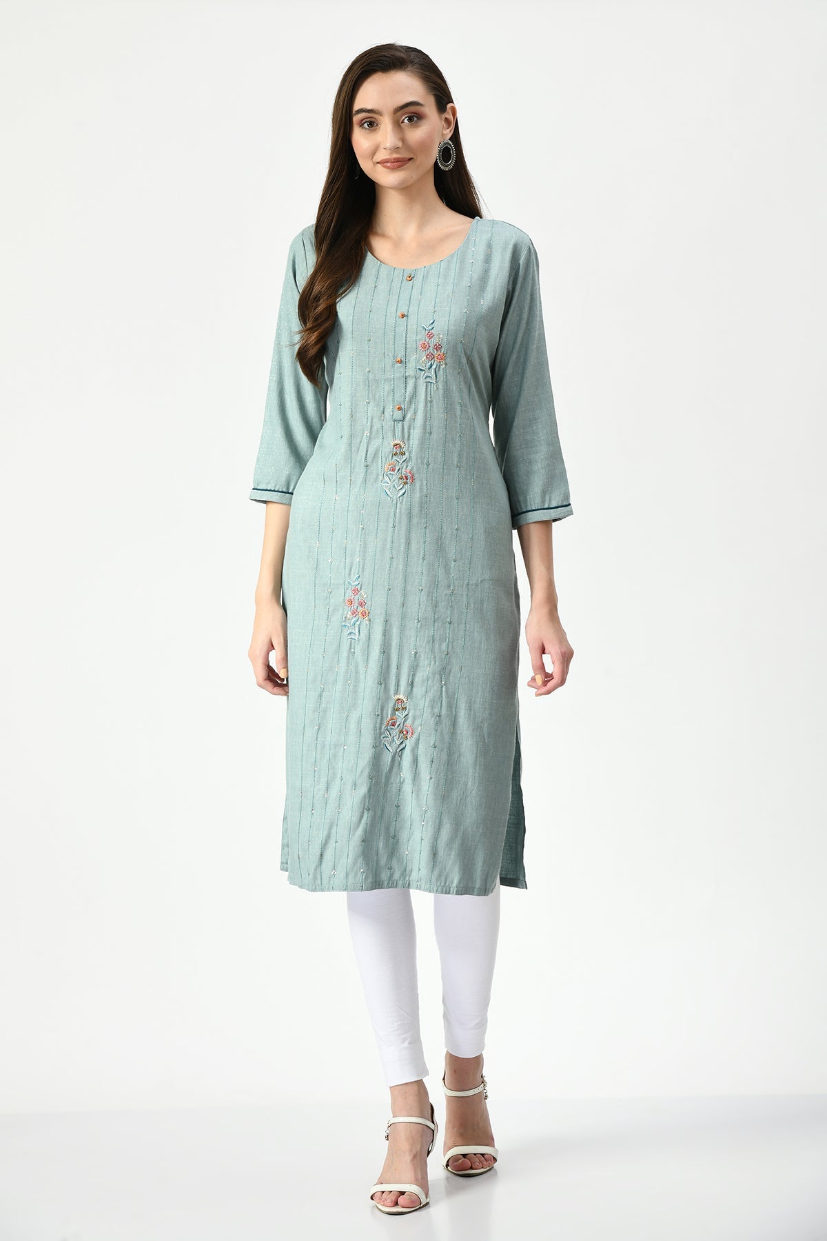 Green Embroidered Straight Kurta