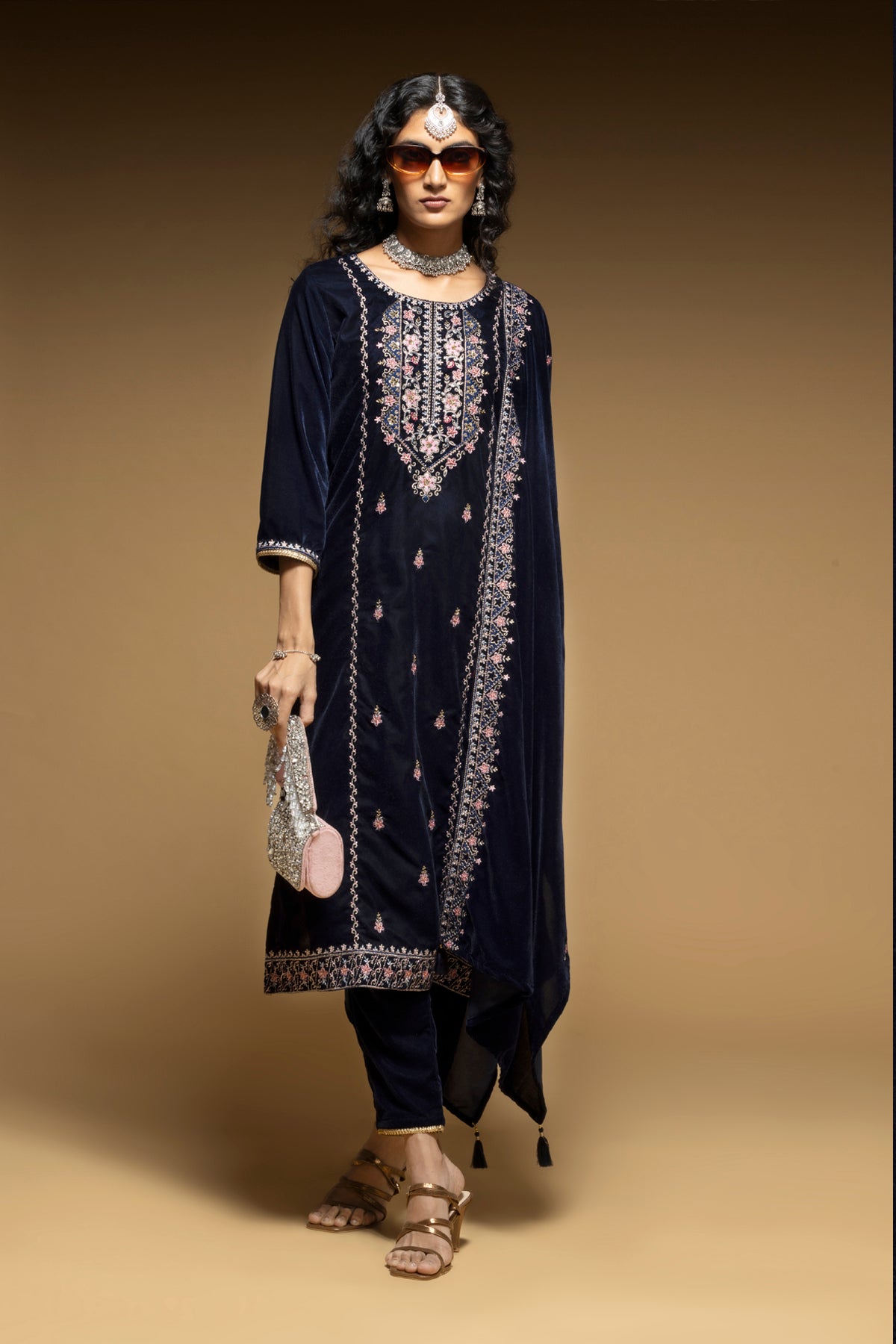 Blue Embroidered Straight Kurta 3 Pcs Set