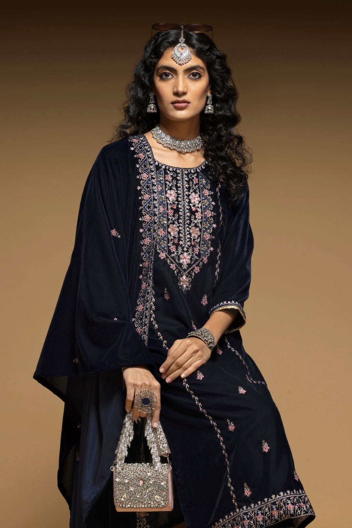 Blue Embroidered Straight Kurta 3 Pcs Set