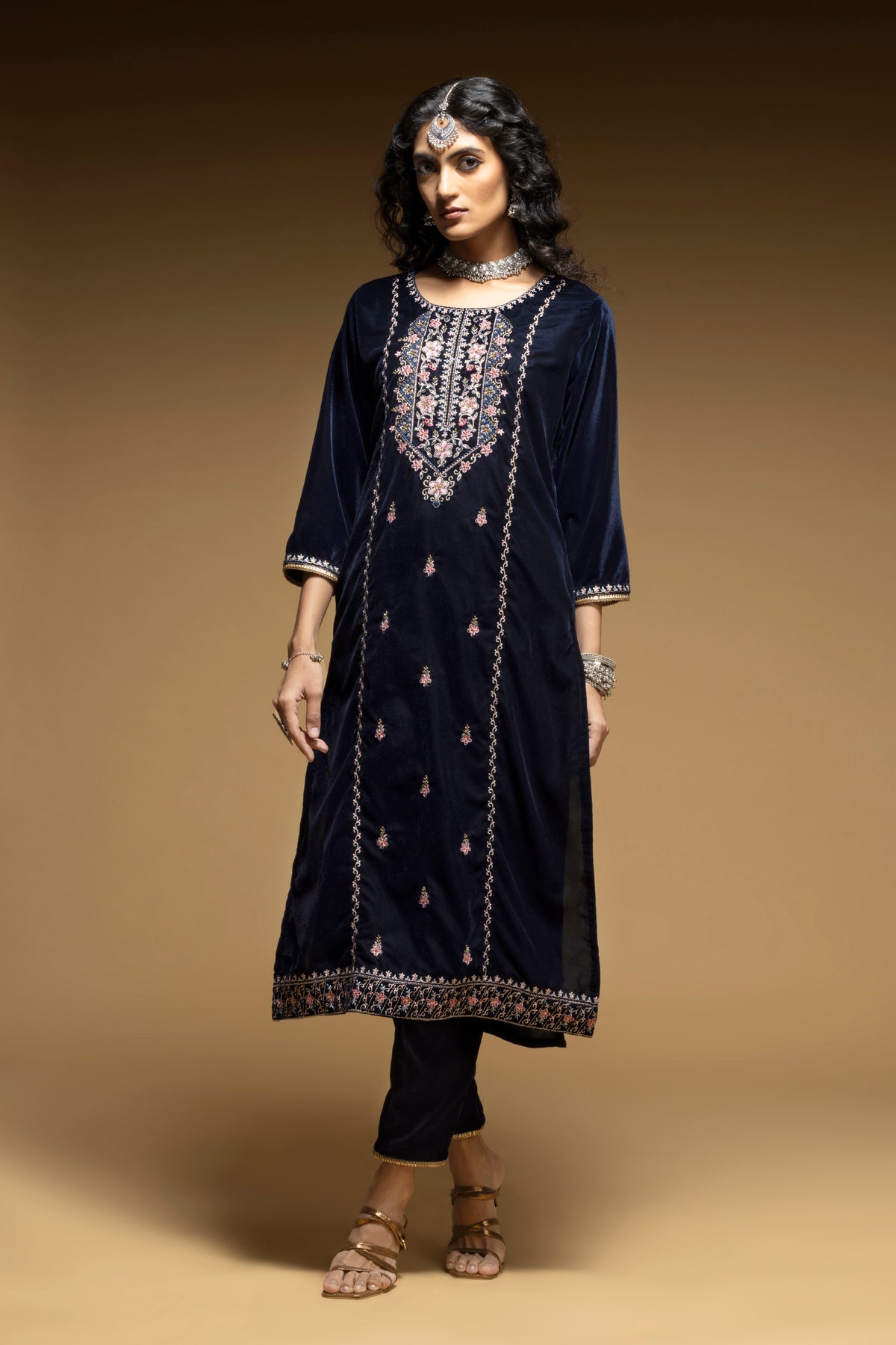 Blue Embroidered Straight Kurta 3 Pcs Set