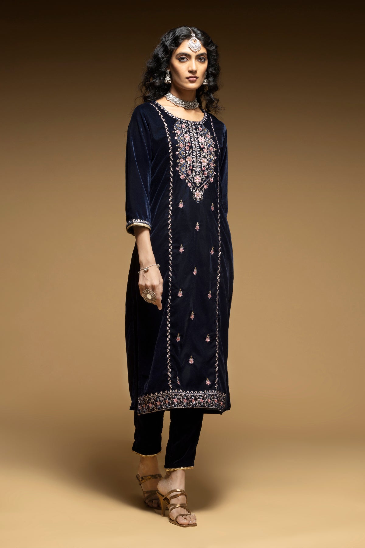 Blue Embroidered Straight Kurta 3 Pcs Set