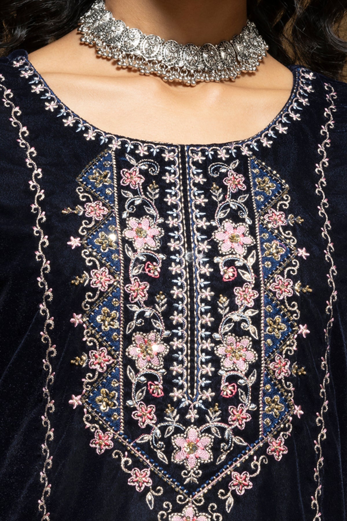 Blue Embroidered Straight Kurta 3 Pcs Set
