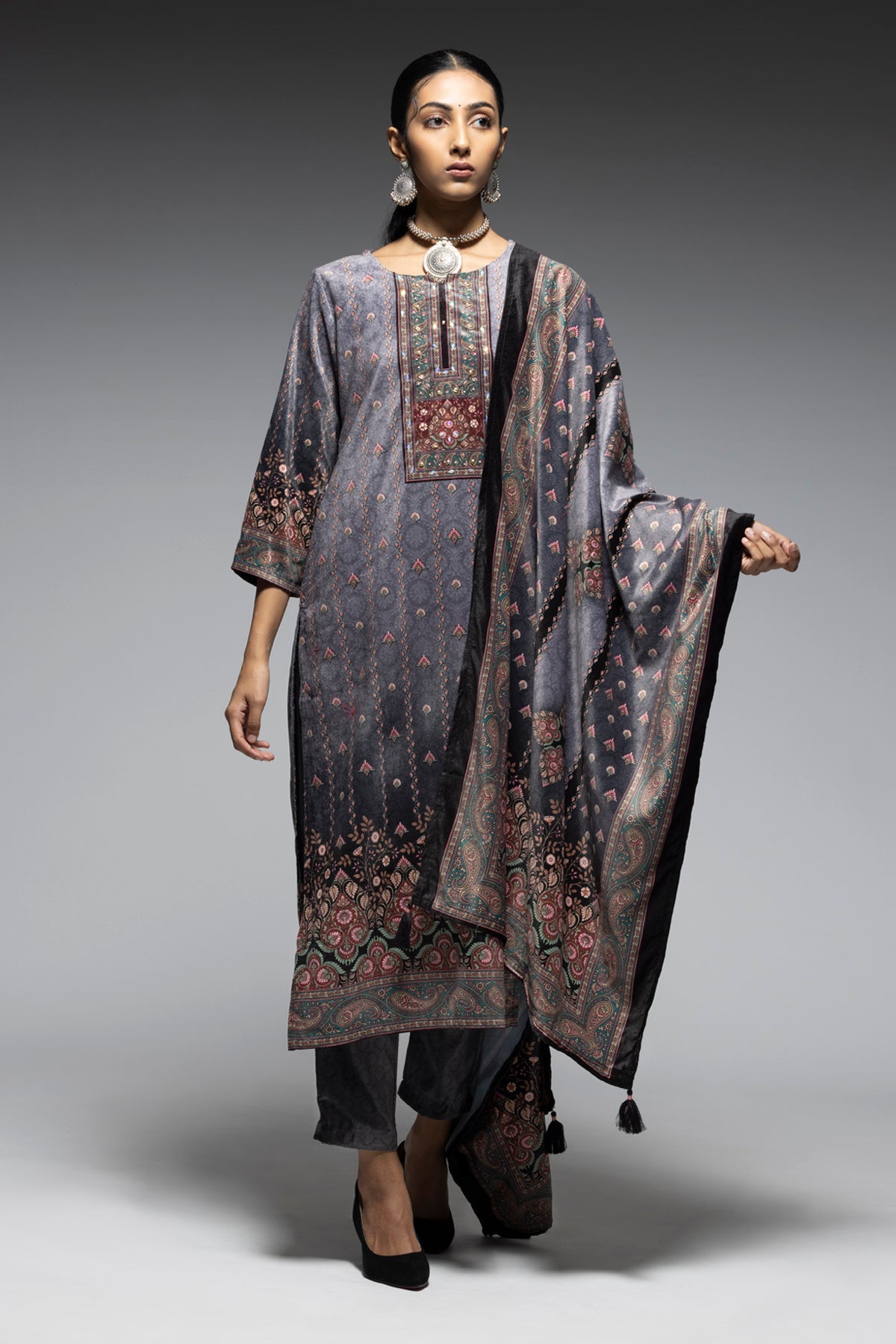Grey Embellished Kurta Set
