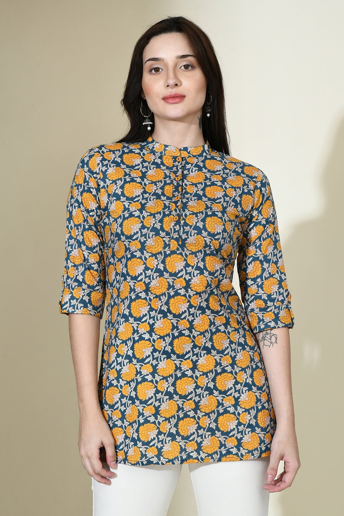 Teal Blue Ethnic Printed Top