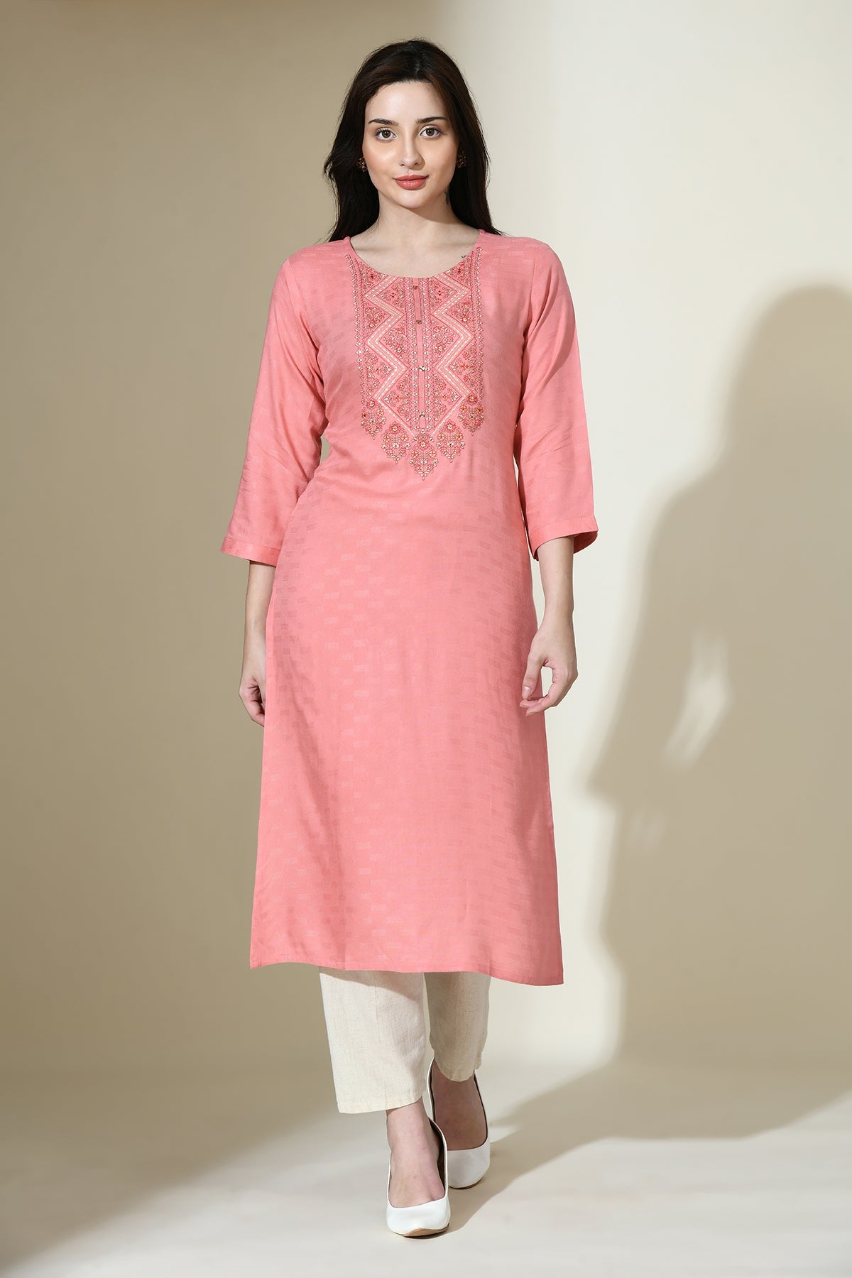Peach Yoke Embroidered Self Design Straight Kurta