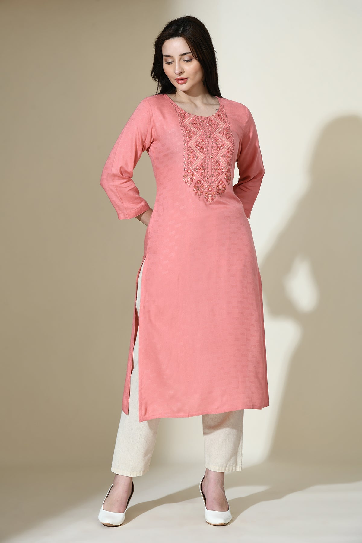 Peach Yoke Embroidered Self Design Straight Kurta
