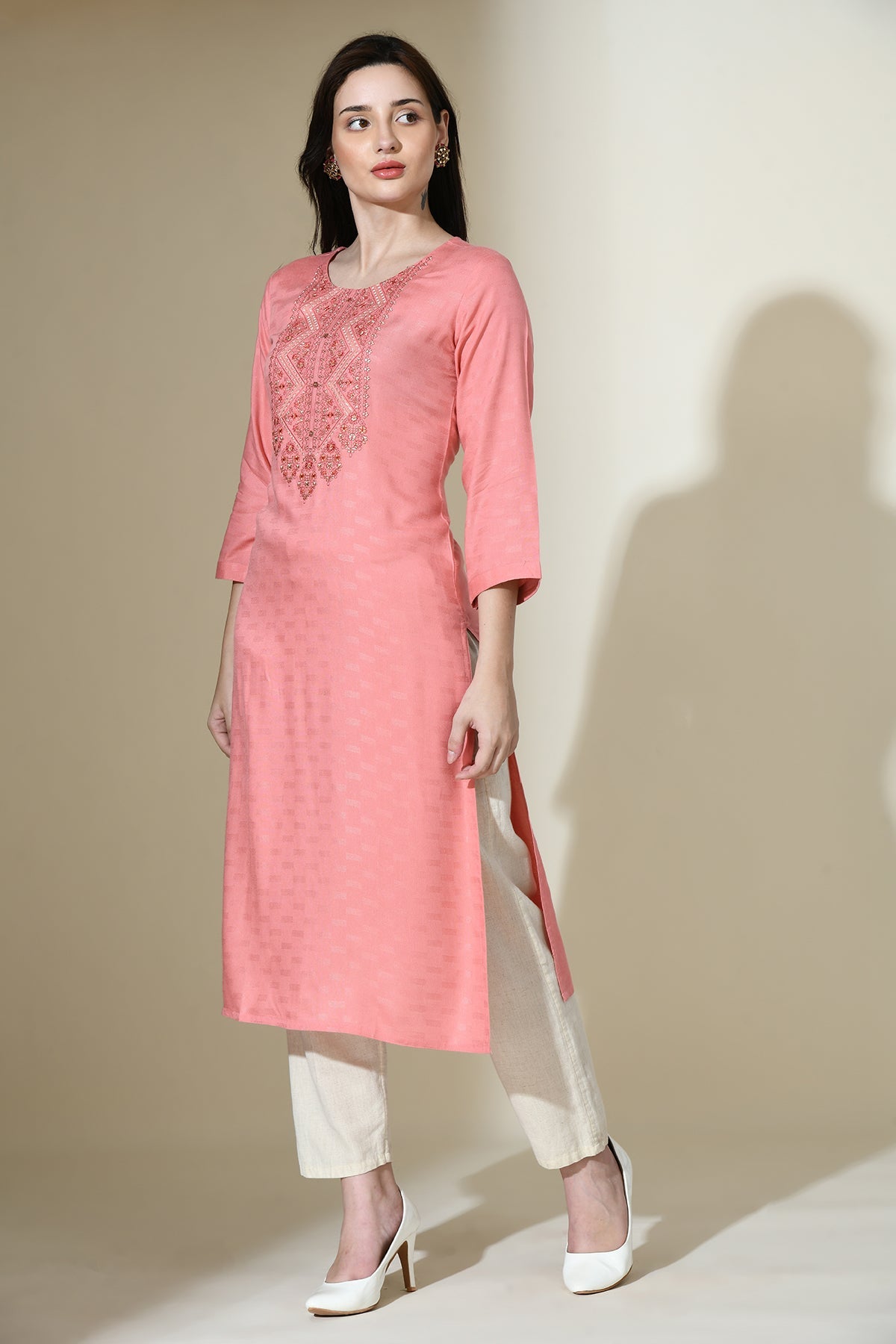 Peach Yoke Embroidered Self Design Straight Kurta