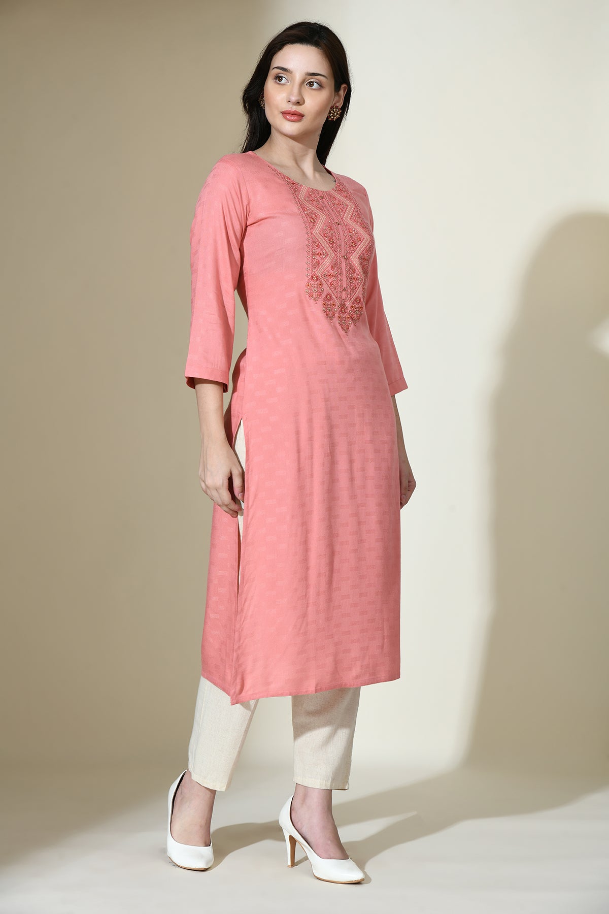 Peach Yoke Embroidered Self Design Straight Kurta