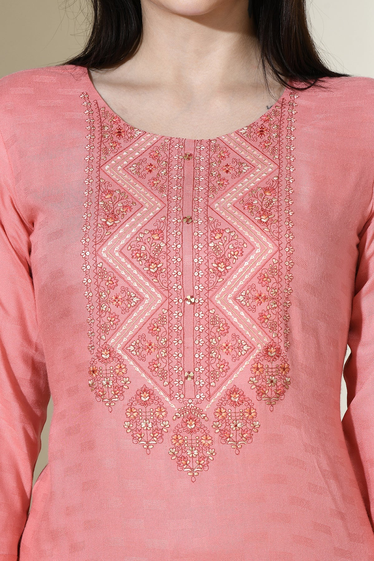 Peach Yoke Embroidered Self Design Straight Kurta
