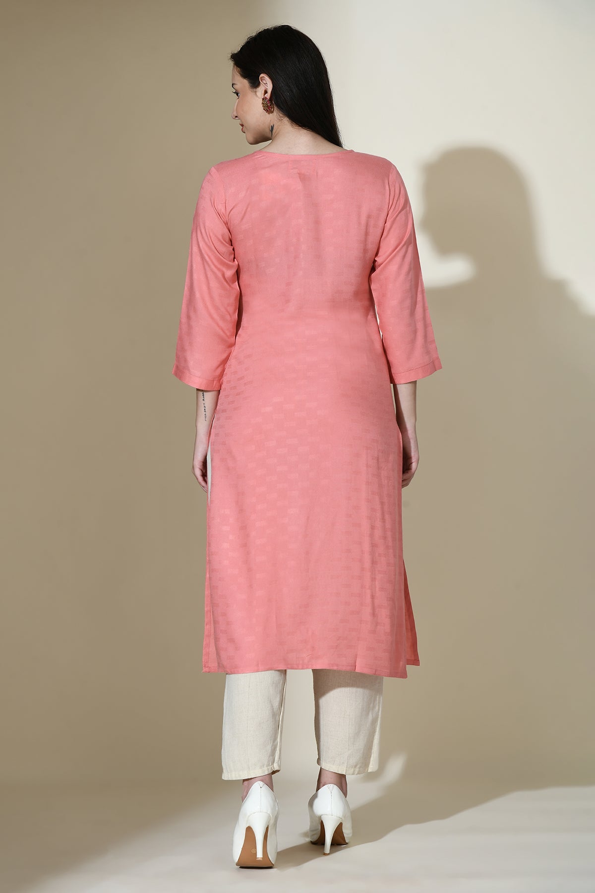 Peach Yoke Embroidered Self Design Straight Kurta
