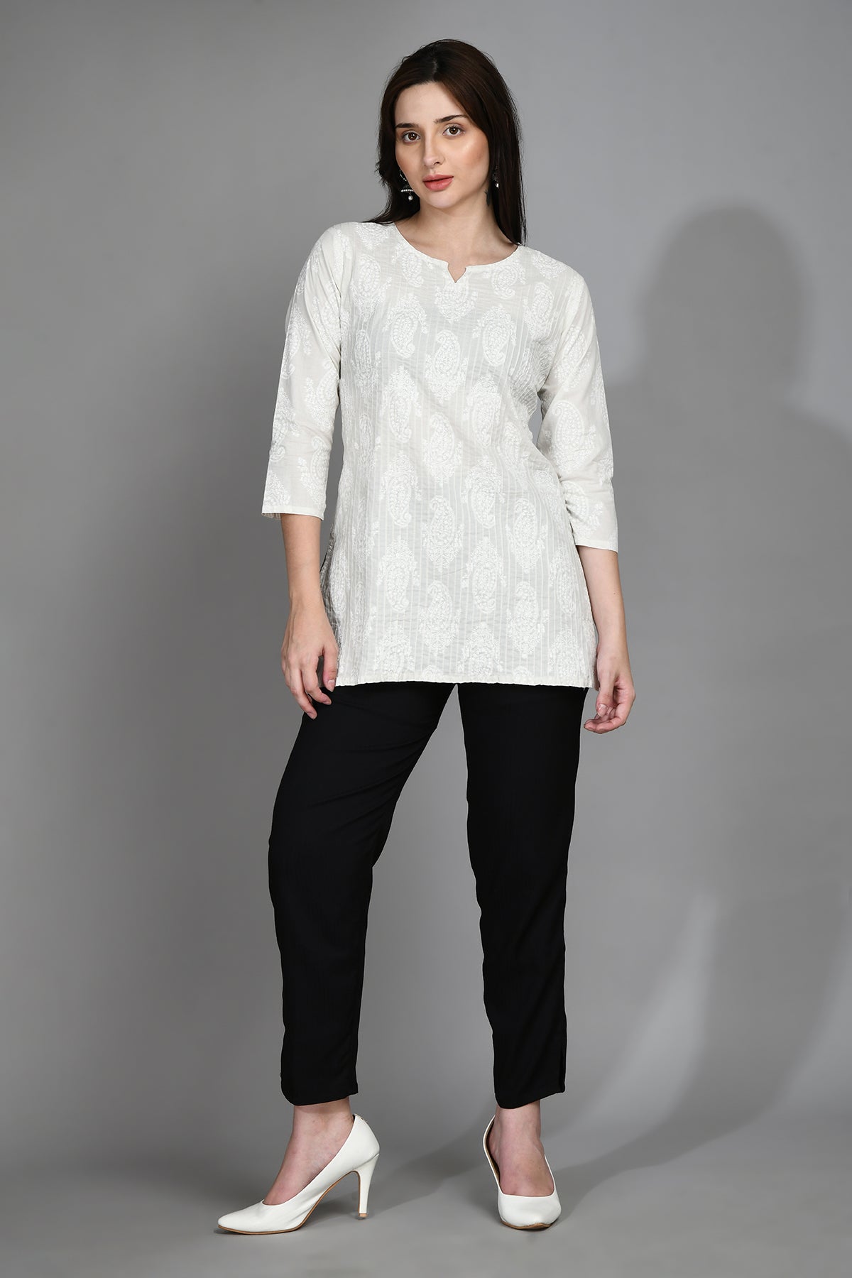 Grey Pintex White Printed Straight Top