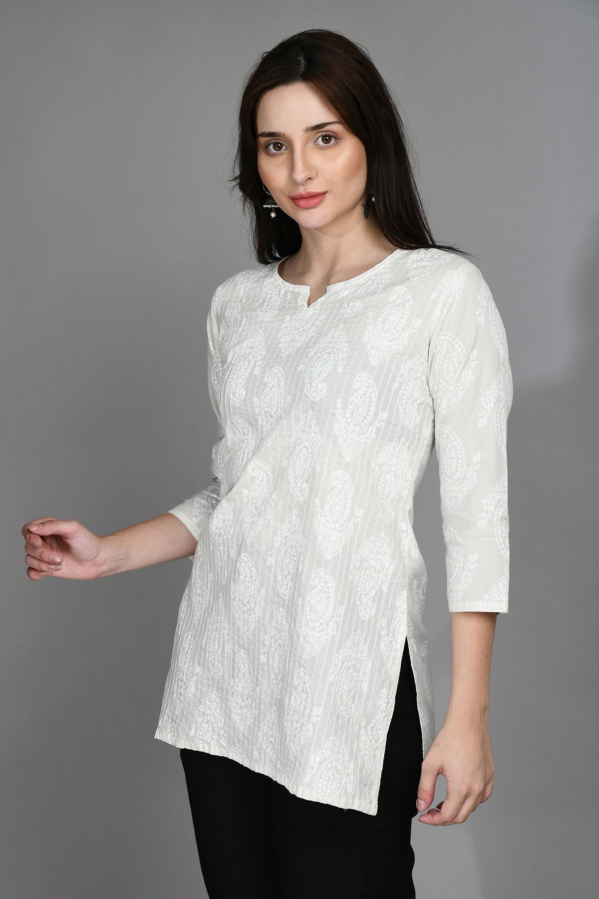 Grey Pintex White Printed Straight Top