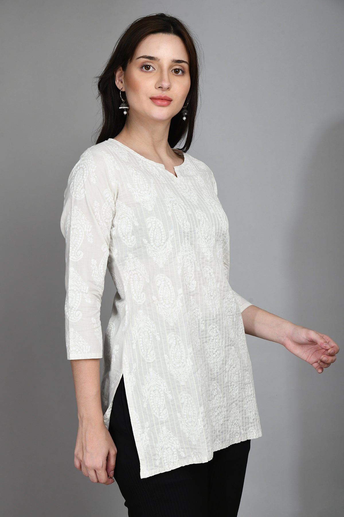 Grey Pintex White Printed Straight Top