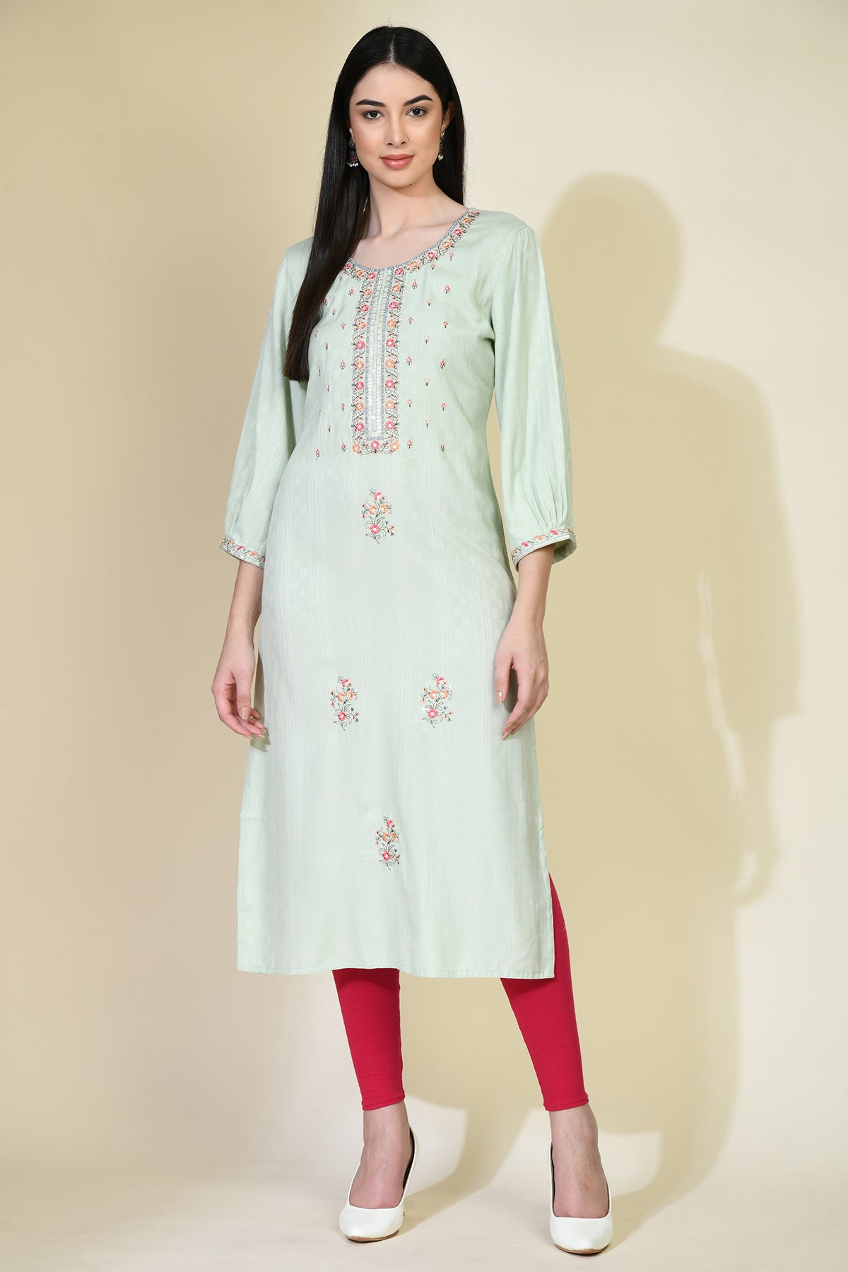 Pista Green Embroidered Straight Kurta
