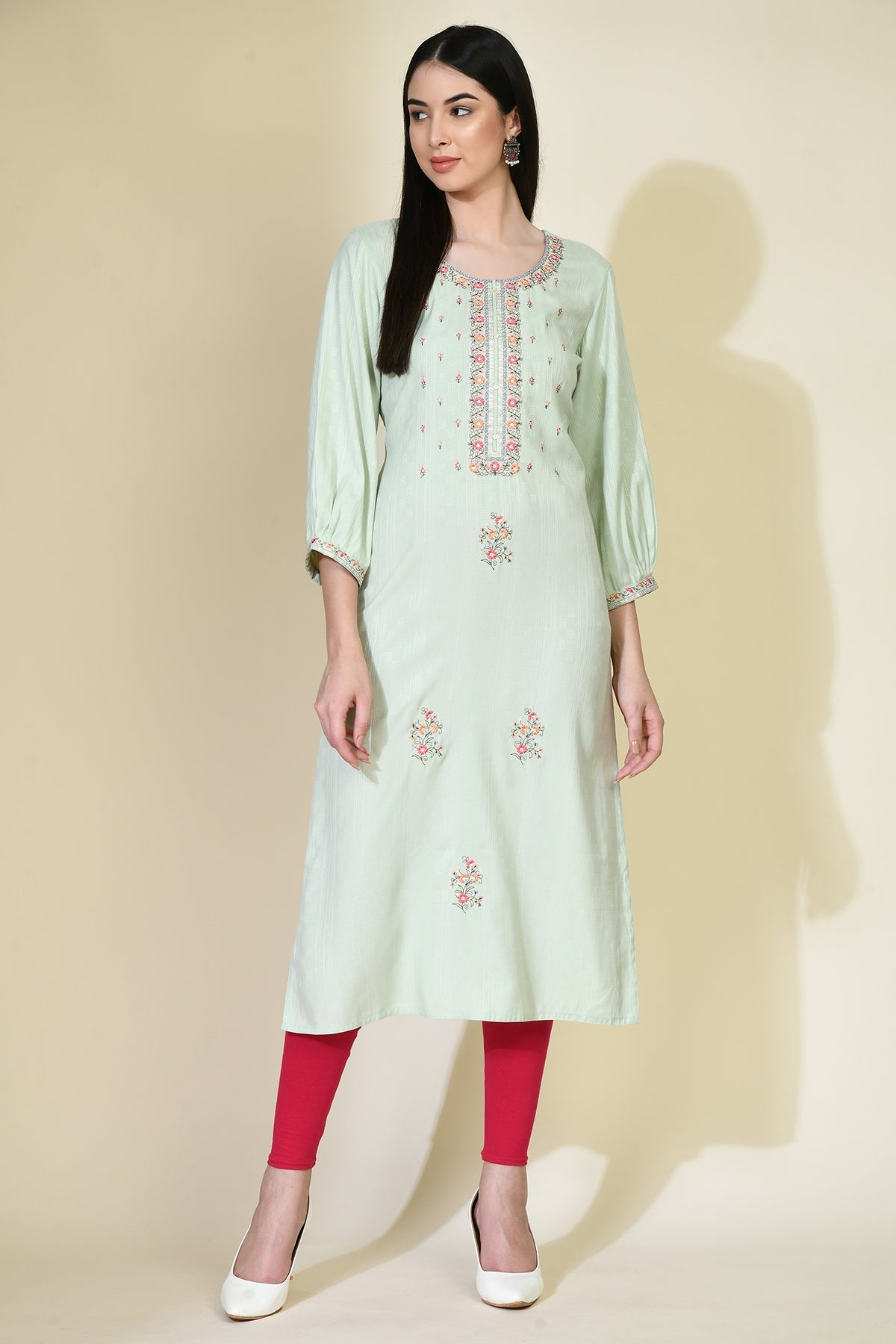 Pista Green Embroidered Straight Kurta