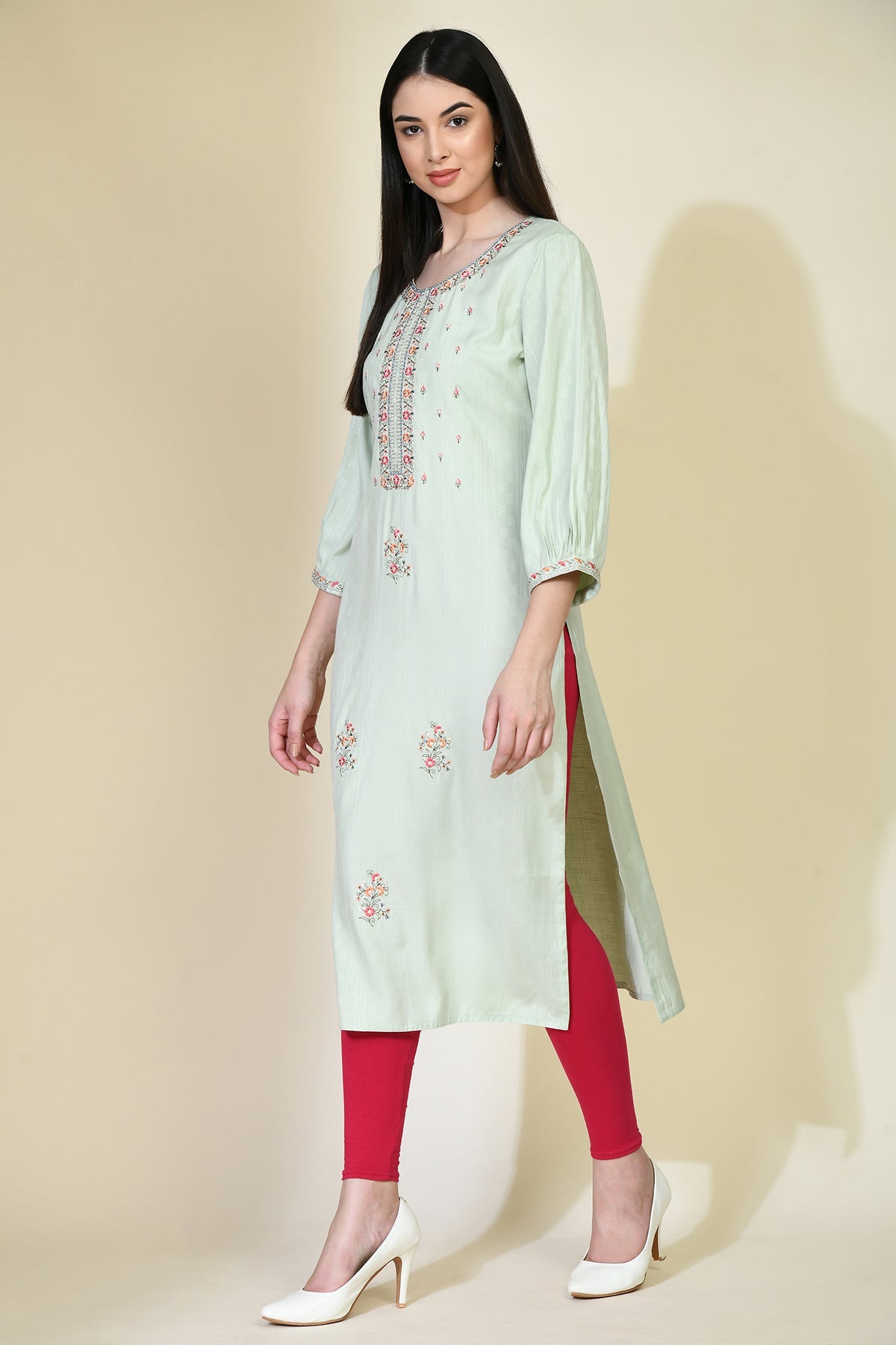 Pista Green Embroidered Straight Kurta